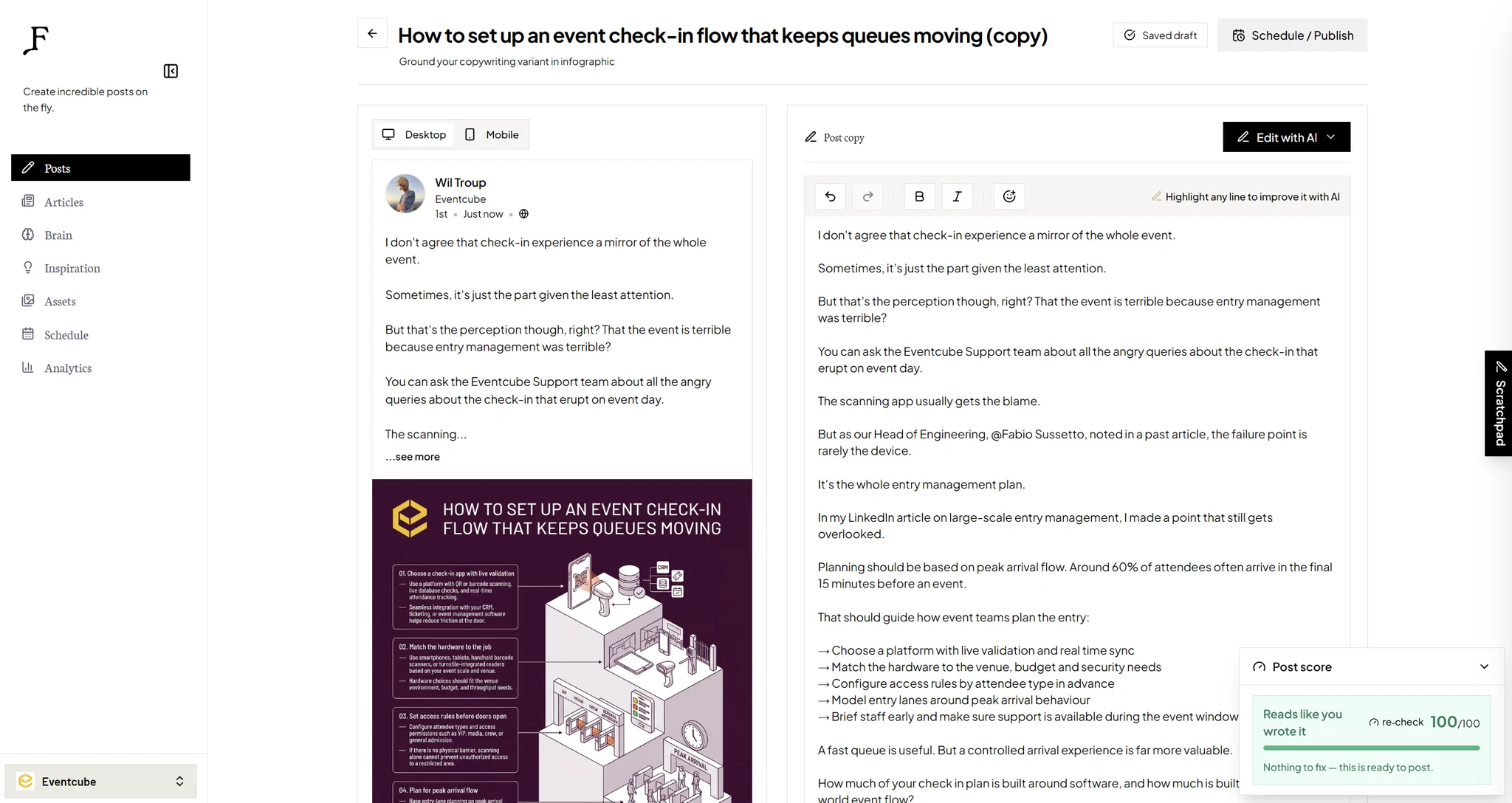 The Flypost post editor with a branded infographic previewed exactly as it will appear on LinkedIn