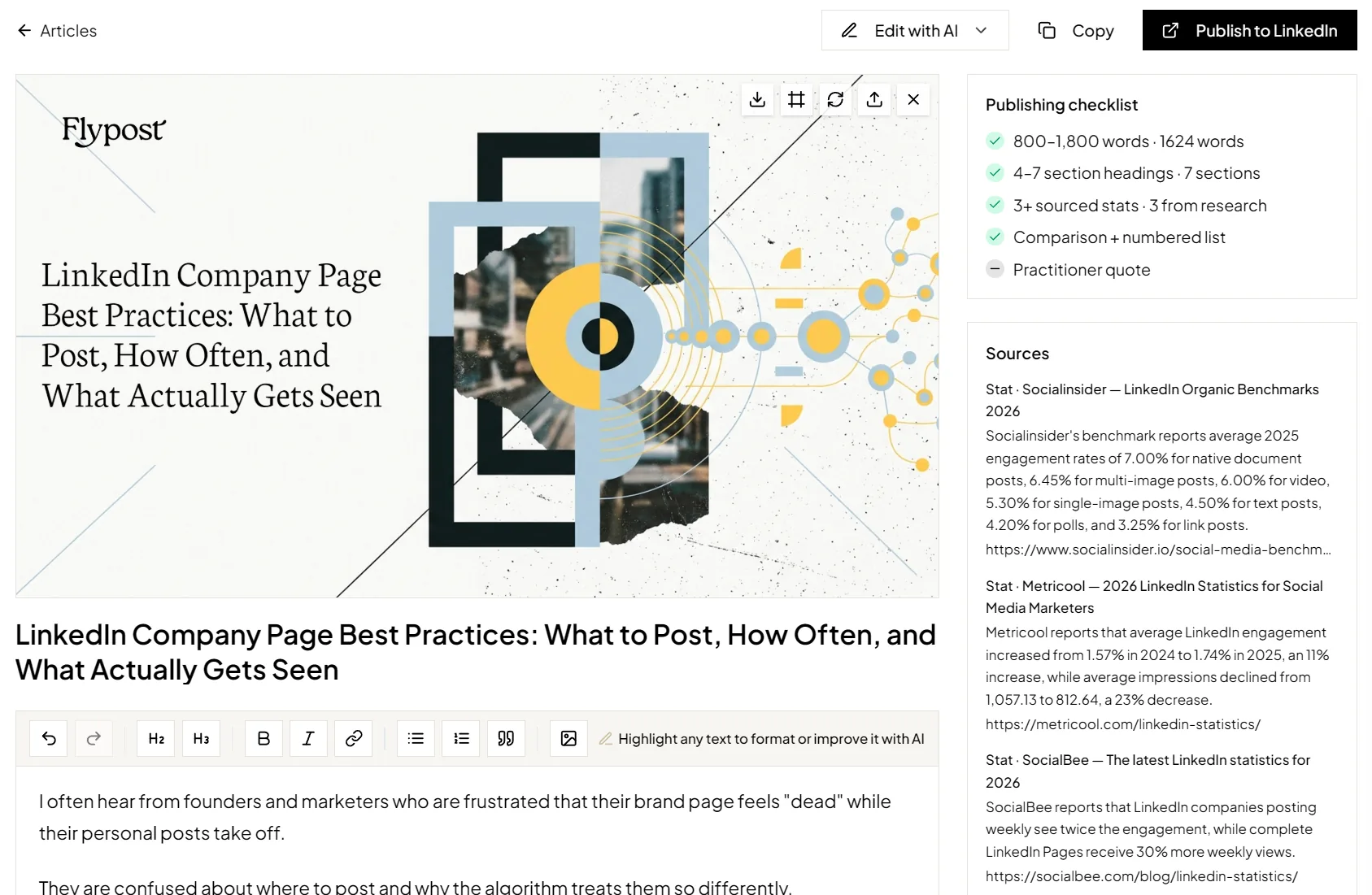 The Flypost article editor with a branded cover, a publishing checklist and the sources behind each stat