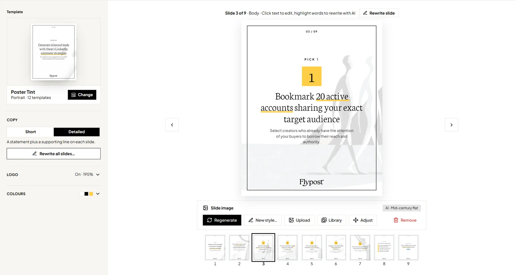 The Flypost carousel designer showing a portrait carousel slide, template, copy length, logo and colour controls
