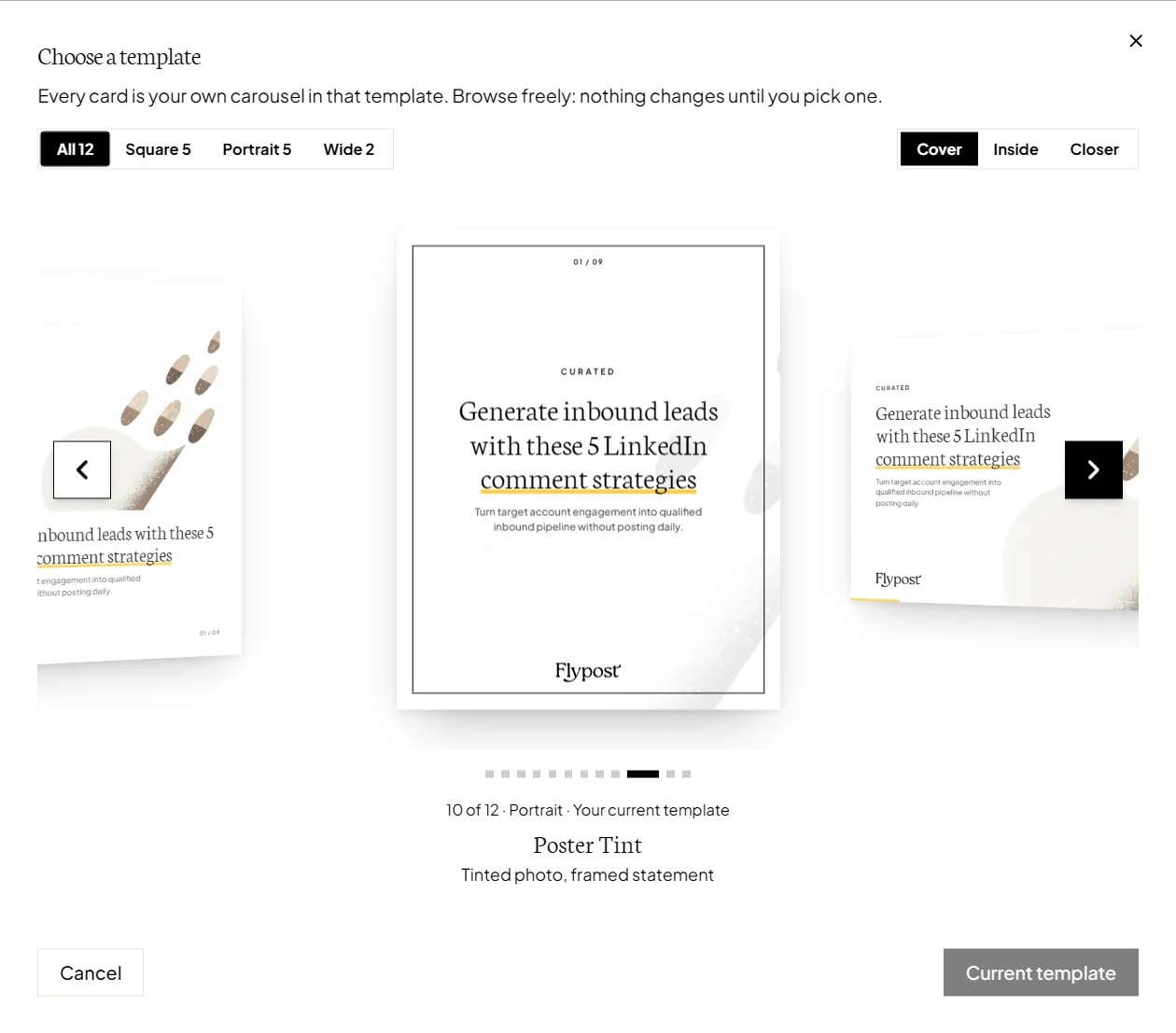 Choose a template: your own carousel previewed in each of the twelve designs