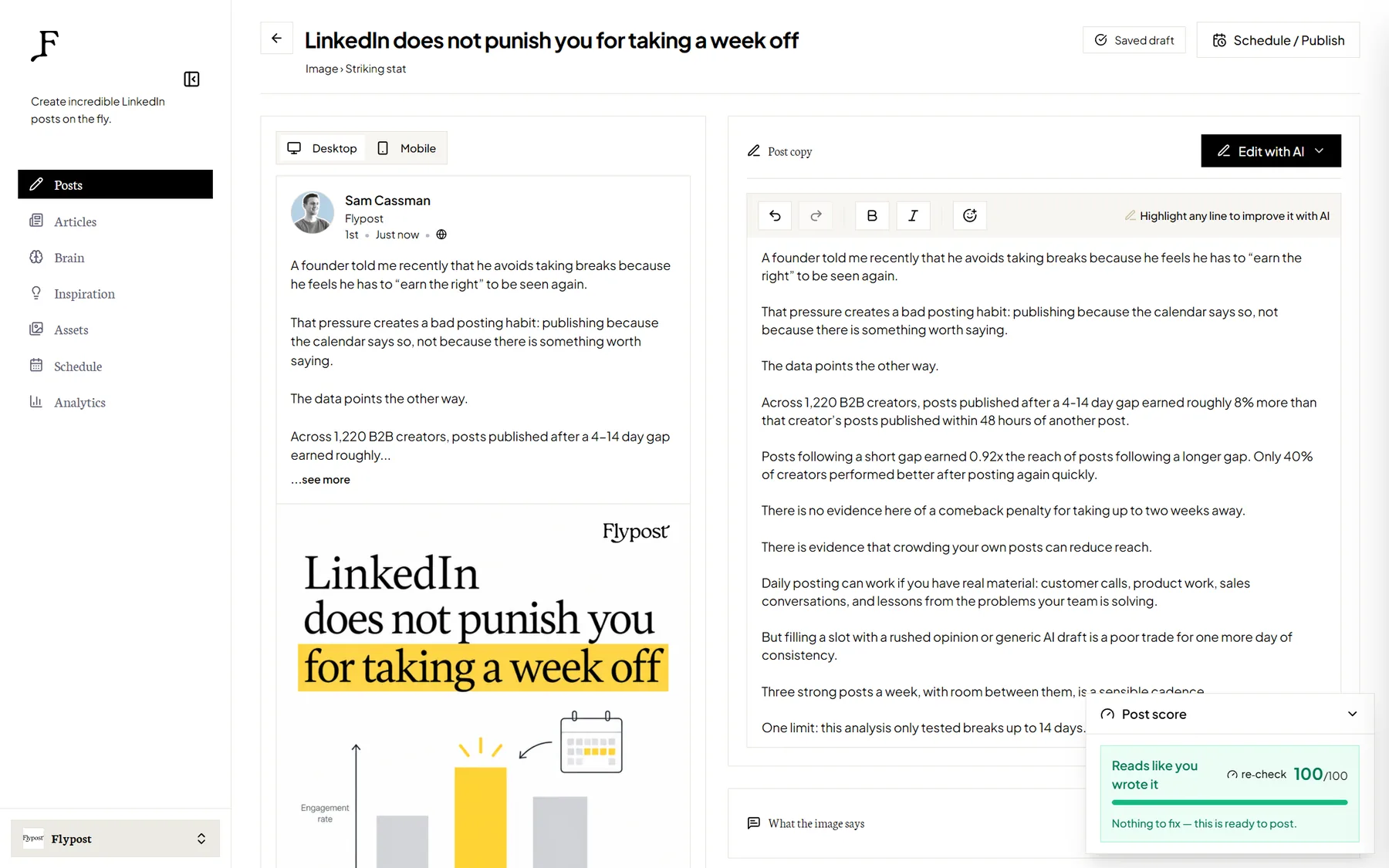 The Flypost post editor: LinkedIn preview with a branded stat image, the post copy, and an authenticity score of 100 out of 100
