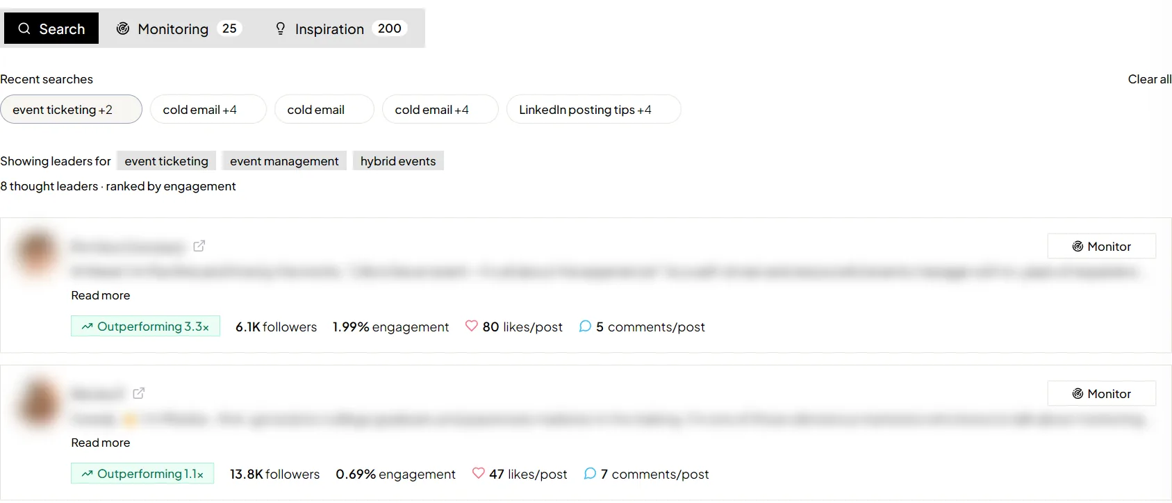 Flypost Inspiration: thought leaders in a niche ranked by engagement, with outperforming posts flagged