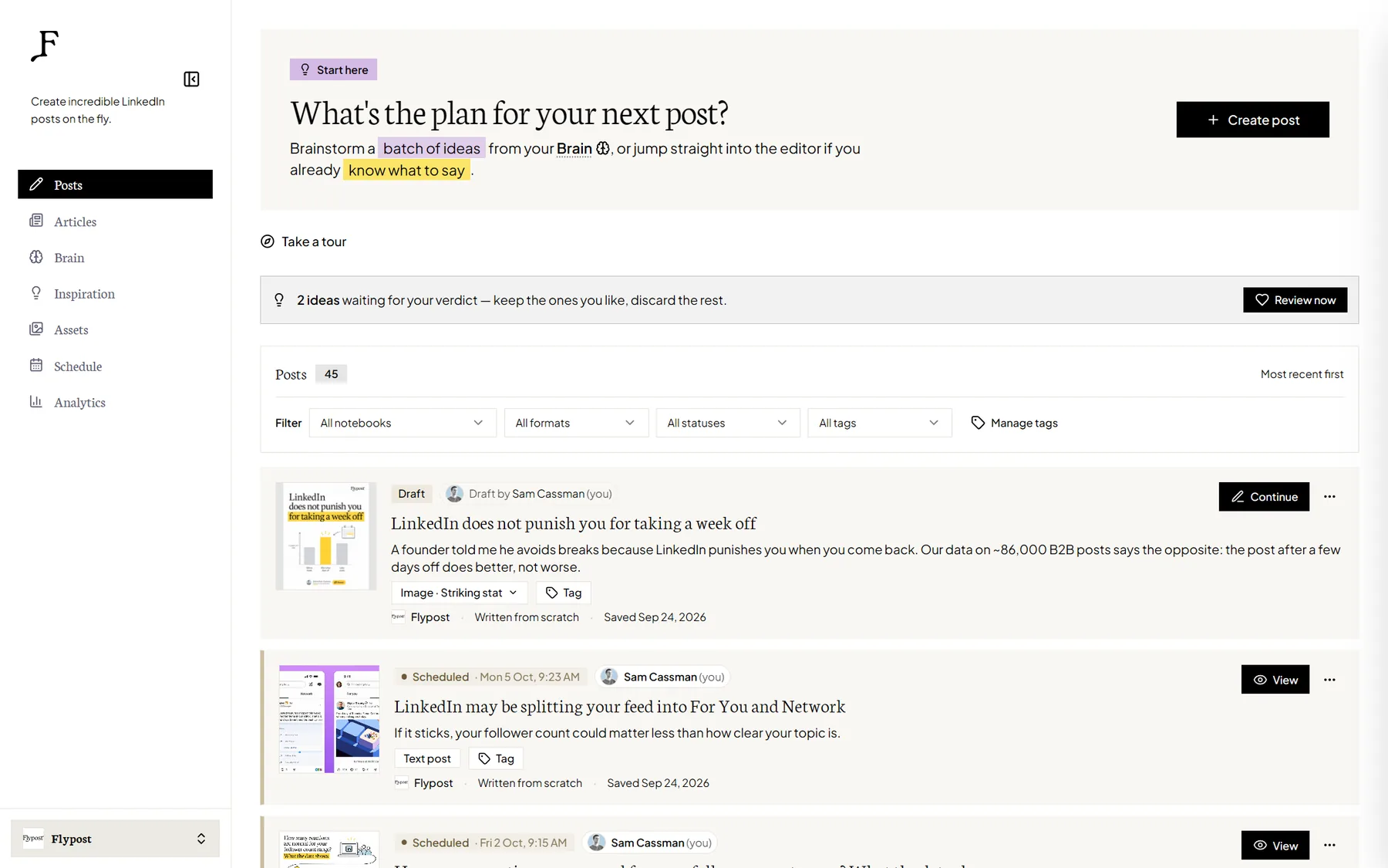 The Flypost Posts page: drafts and scheduled posts with their branded images, carousels and infographics