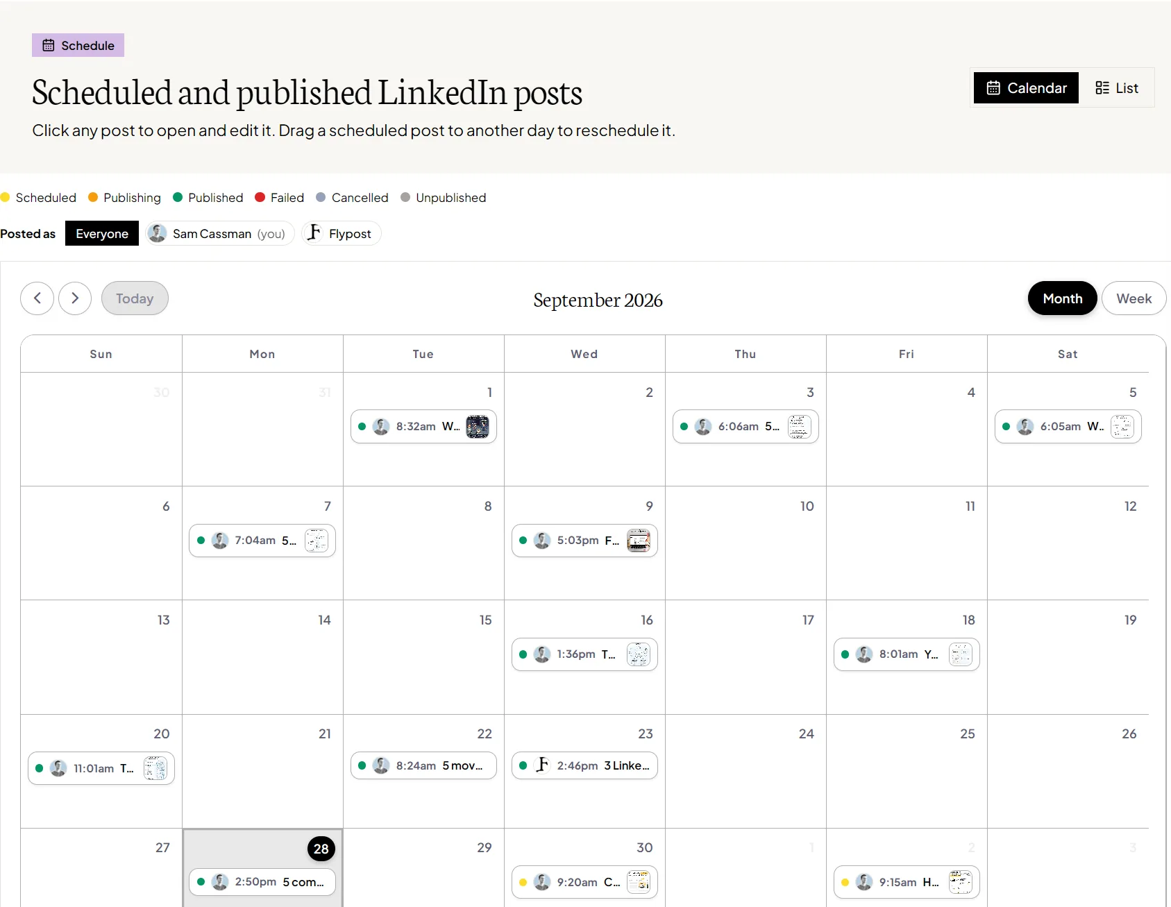 The Flypost schedule: a month calendar of scheduled and published LinkedIn posts