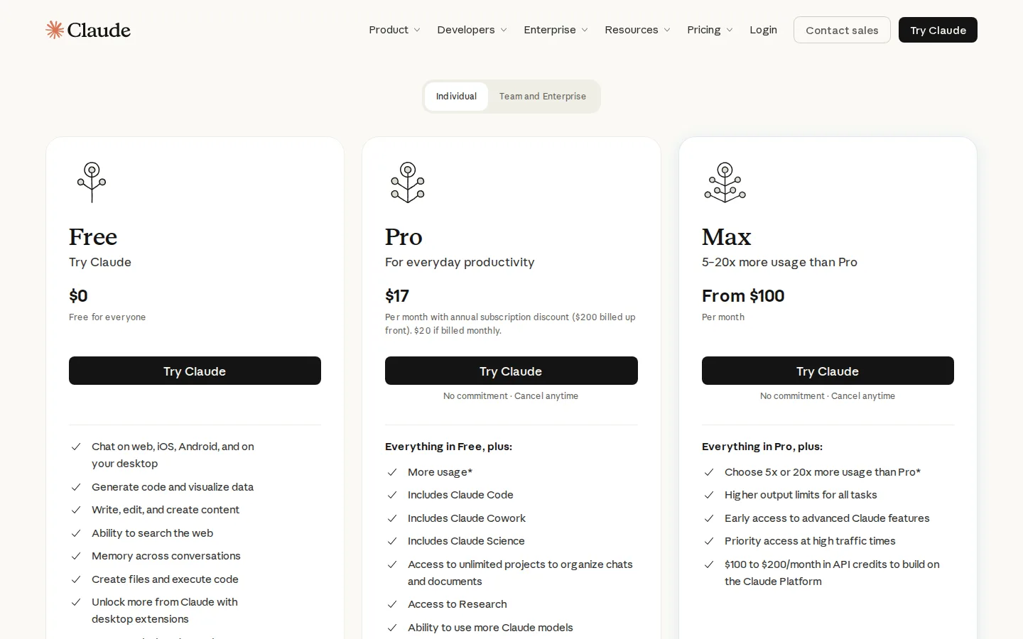 Claude's Free, Pro and Max plans, as shown on its homepage