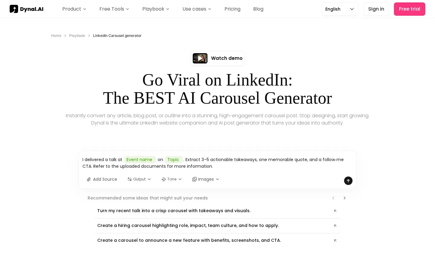 Dynal AI's carousel generator page, with a prompt box and suggested carousel ideas