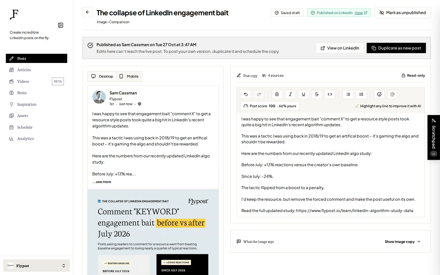 The Flypost post editor showing a published post, its LinkedIn preview with a designed comparison image, and a post score of 100