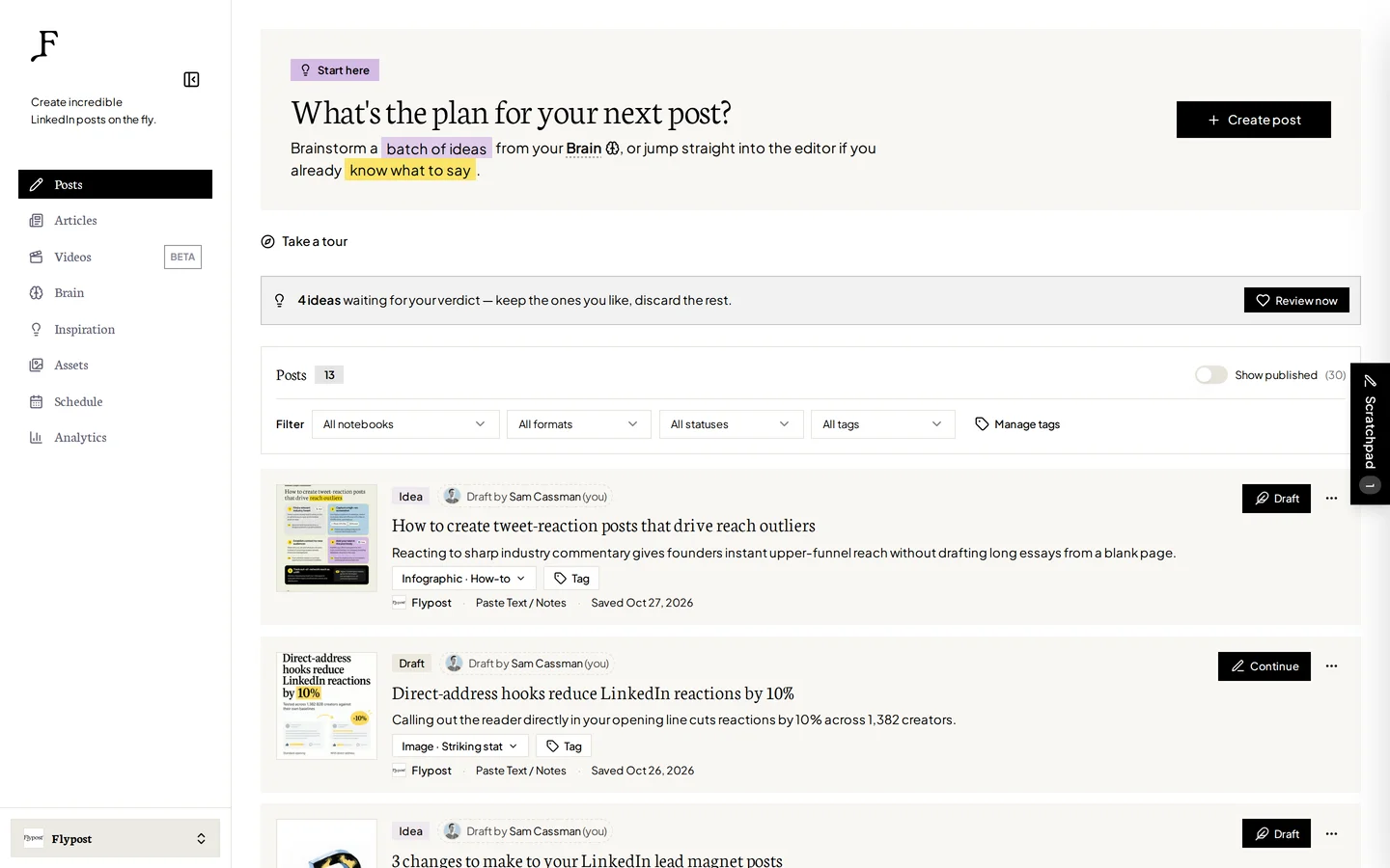 The Flypost posts list, with infographic, image and carousel posts