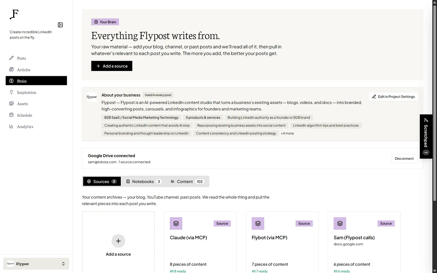 The Flypost Brain page, showing the business summary and connected content sources