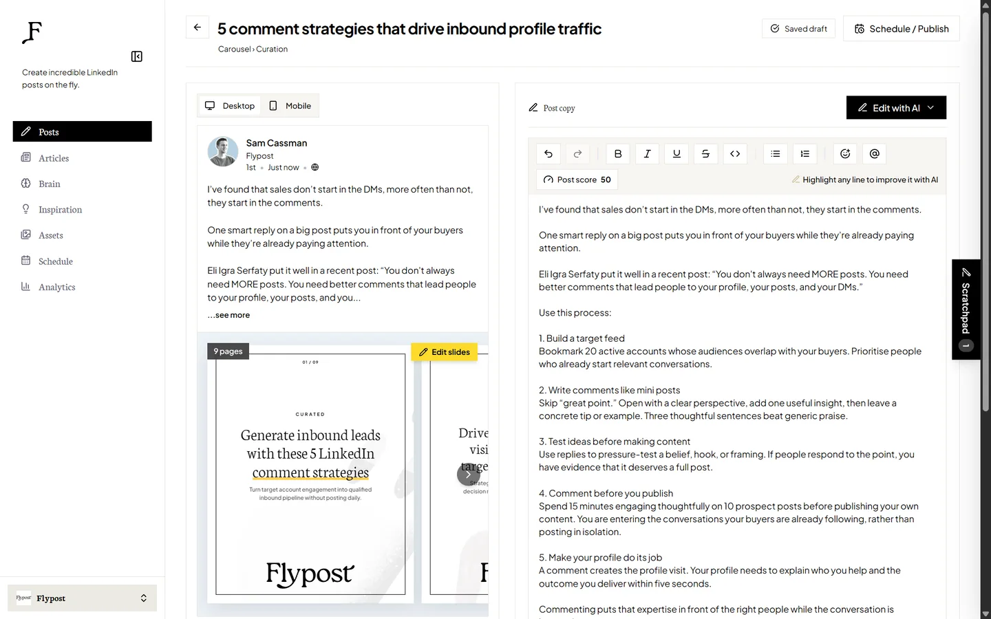 The Flypost post editor, with a LinkedIn preview and carousel on the left and the post copy and post score on the right