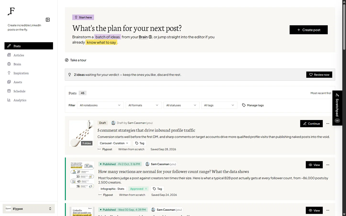 The Flypost posts list, with carousel, infographic and image posts