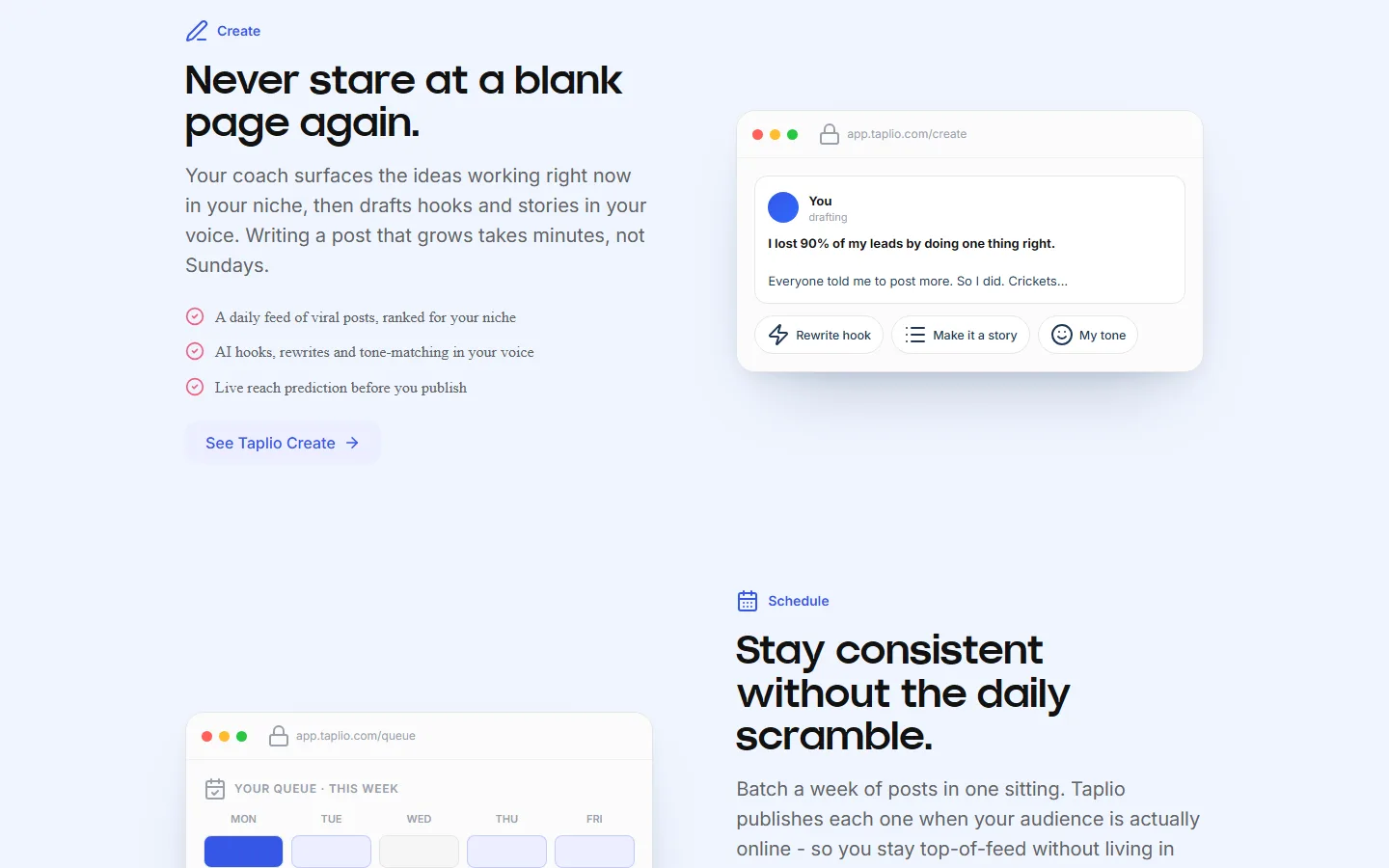 Taplio product screenshots from its website
