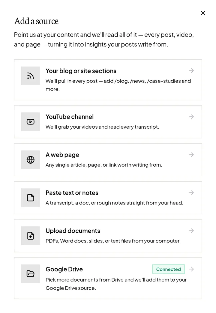 The Add a source window in Flypost listing the source types: your blog or site sections, YouTube channel, a web page, paste text or notes, upload documents and Google Drive