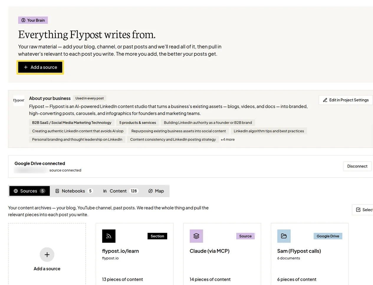 The Flypost Brain page showing the About your business card and a grid of source cards, each with a type label and a count of pieces of content