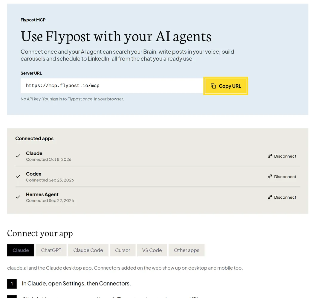 The Flypost Connect AI tools page titled 'Use Flypost with your AI agents', with the server address, a Copy URL button and tabs for each AI app