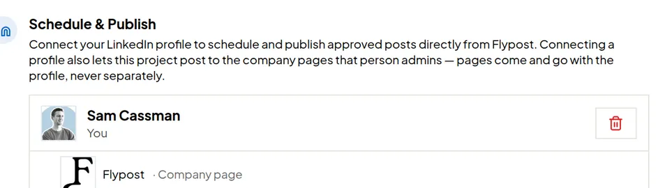 The Schedule & Publish card listing a connected personal LinkedIn profile marked You, with a company page listed underneath it