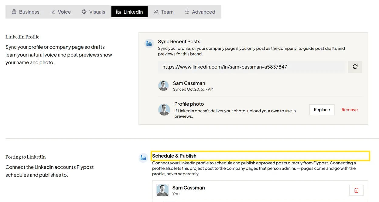 Flypost Project settings with the LinkedIn tab selected, showing the Sync Recent Posts card and, below it, the Schedule & Publish card under Posting to LinkedIn