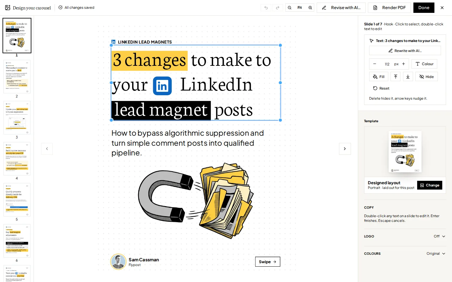 The Flypost designed carousel editor, with slide thumbnails on the left, the cover slide in the middle with its headline selected, and the selection tools, Template card, Copy, Logo and Colours sections on the right