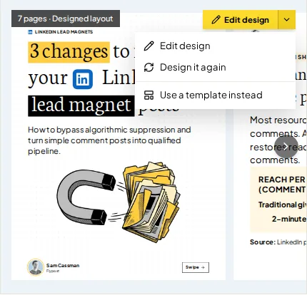 The menu next to Edit design on a designed carousel in Flypost, with Edit design, Design it again and Use a template instead
