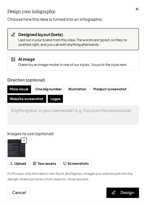 The Design your infographic box in Flypost, with Designed layout (beta) selected above AI image, the Direction options, an image chosen under Images to use, and Cancel and Design buttons