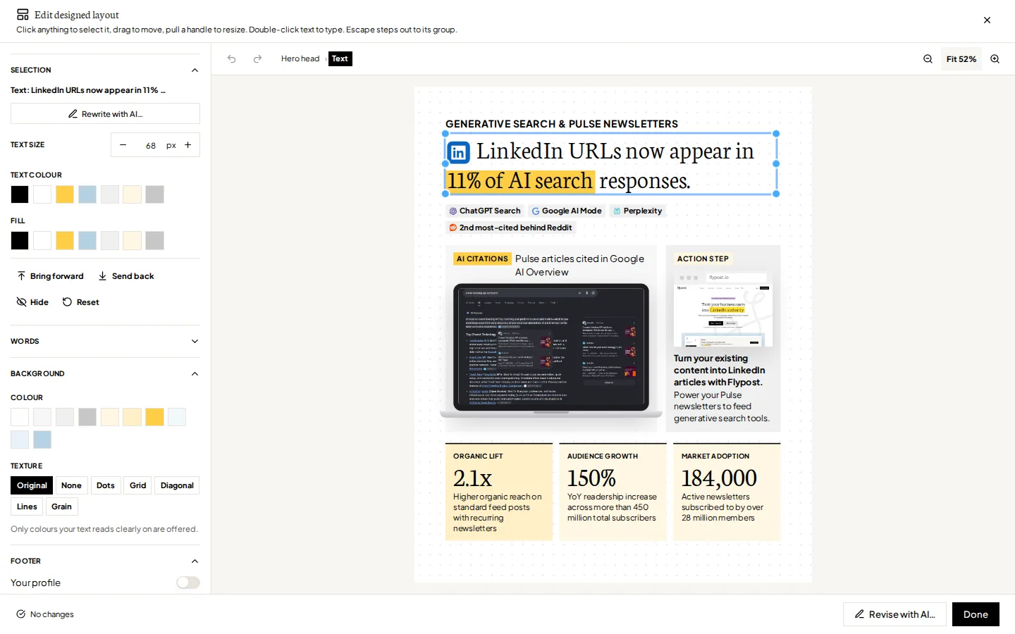 The Edit designed layout editor in Flypost, with the Selection, Words, Background and Footer sections on the left, the infographic on the right with its headline selected, and Revise with AI and Done buttons at the bottom