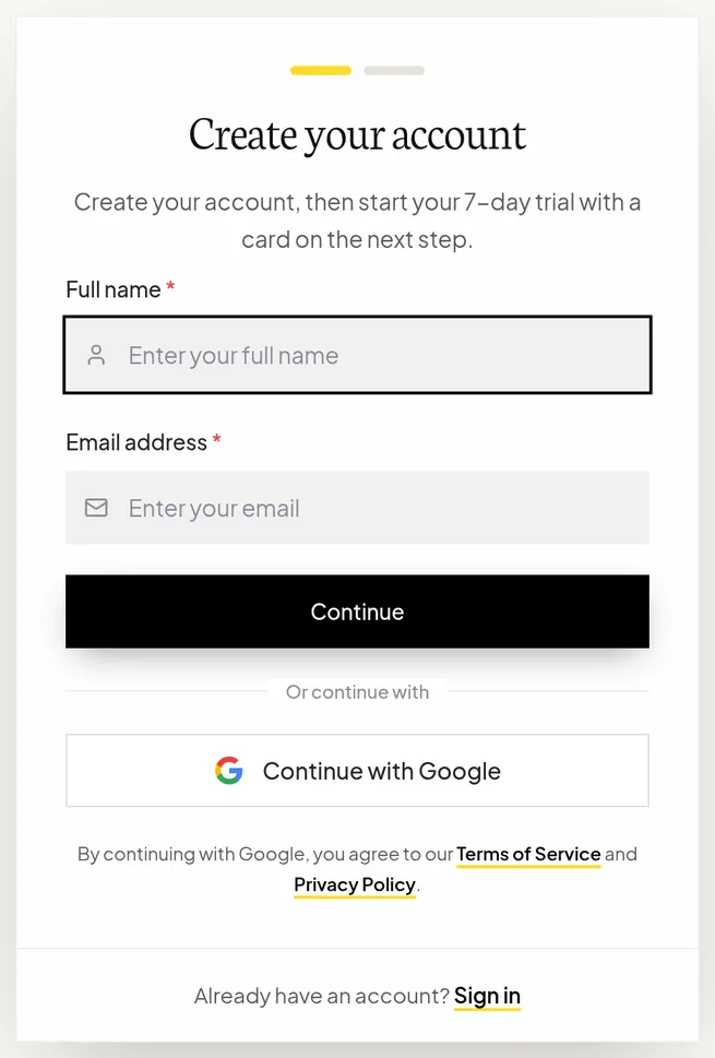 The Flypost 'Create your account' page with Full name and Email address fields, a Continue button and a Continue with Google button