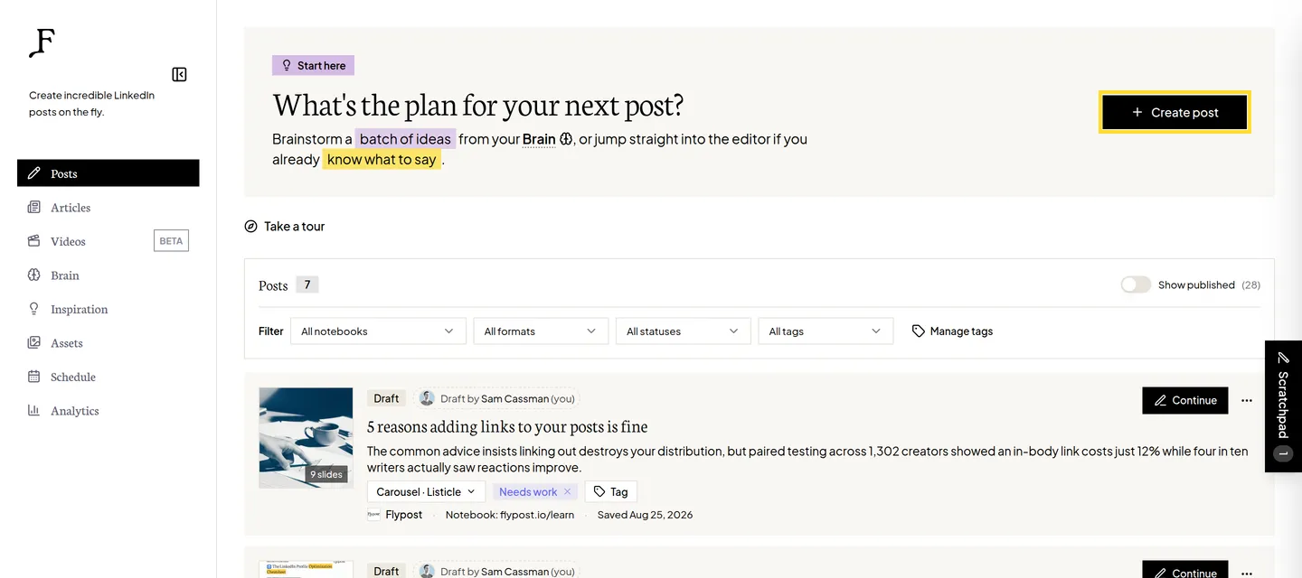The Flypost Posts page with the sidebar on the left listing Posts, Articles, Videos, Brain, Inspiration, Assets, Schedule and Analytics, and the Create post button highlighted