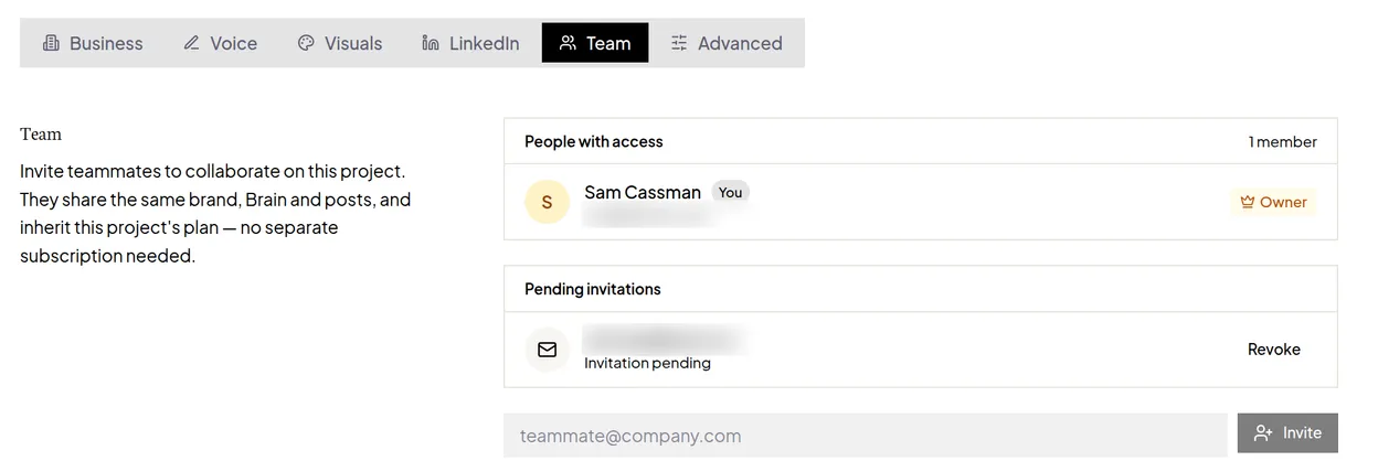 The Team tab in Flypost Project settings, showing People with access, Pending invitations and an email box with an Invite button
