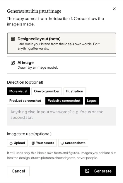 The Generate striking stat image box in Flypost, with Designed layout (beta) selected above AI image, the Direction options, Images to use, and Cancel and Generate buttons