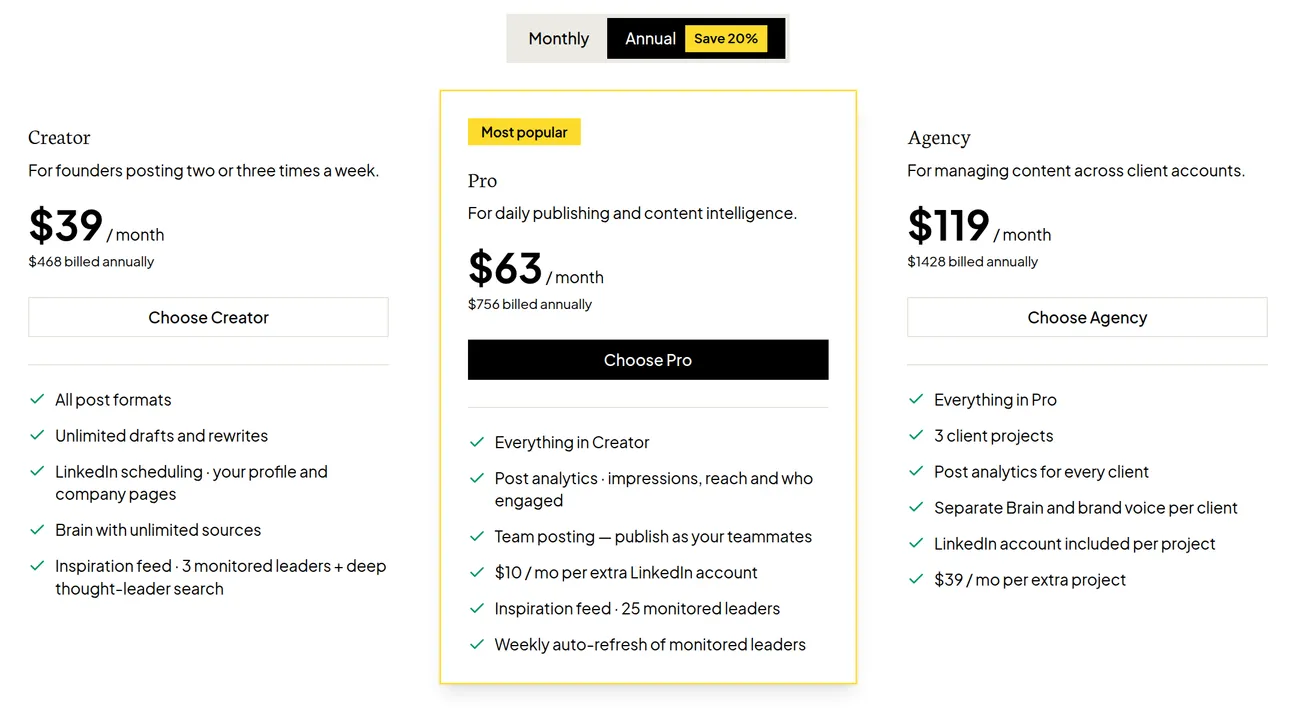 The Flypost Plans & billing page showing the Monthly and Annual switch and the Creator, Pro and Agency plan cards
