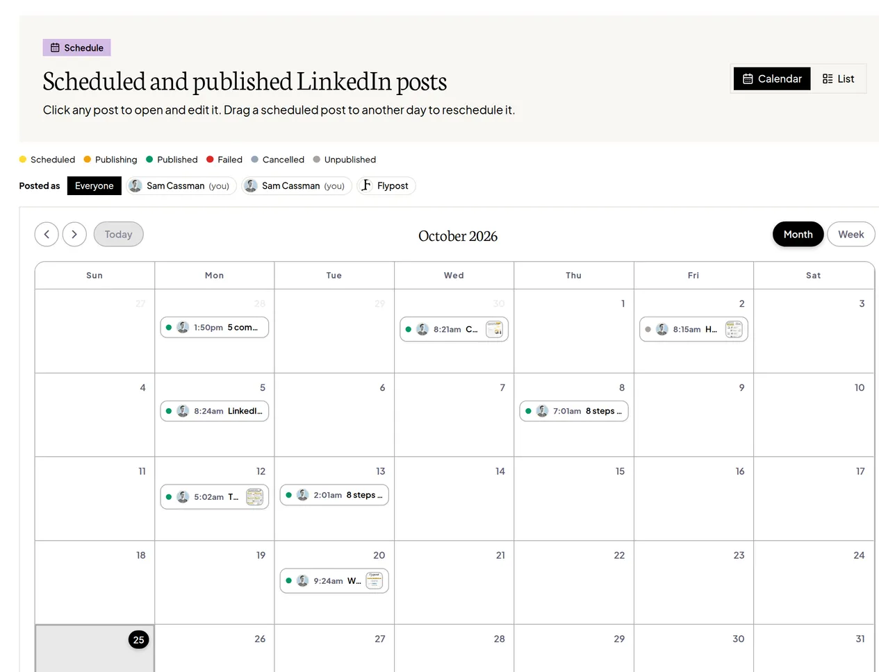 The Flypost Schedule page in Calendar view, showing scheduled posts on their days with a colour key for each status
