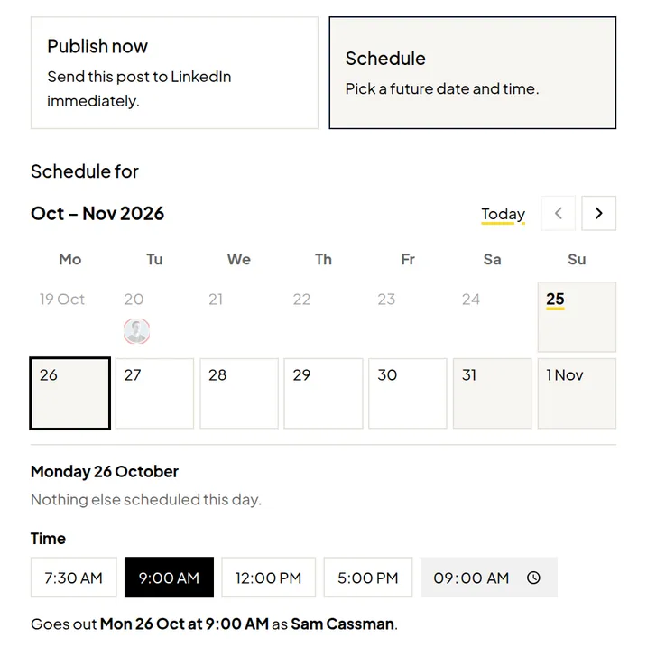 The Flypost 'Schedule or publish on LinkedIn' window with Publish now and Schedule options, a two-week date picker and time buttons