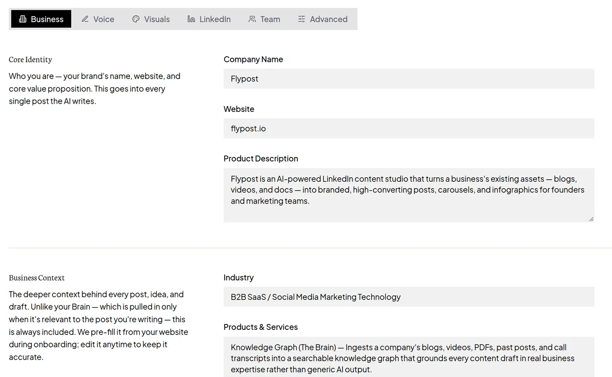 Flypost Project settings on the Business tab, showing the Core Identity section with Company Name, Website and Product Description, and the Business Context section