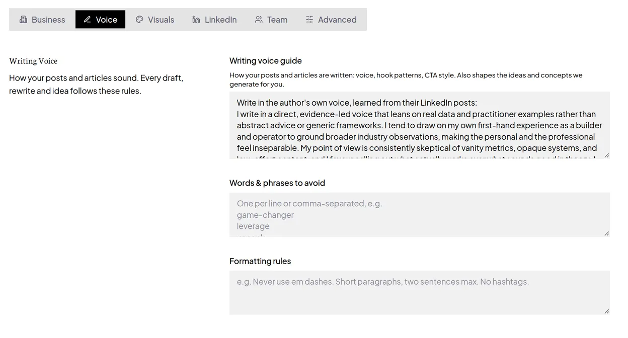 The Voice tab in Flypost Project settings with the Writing voice guide, Words & phrases to avoid and Formatting rules boxes