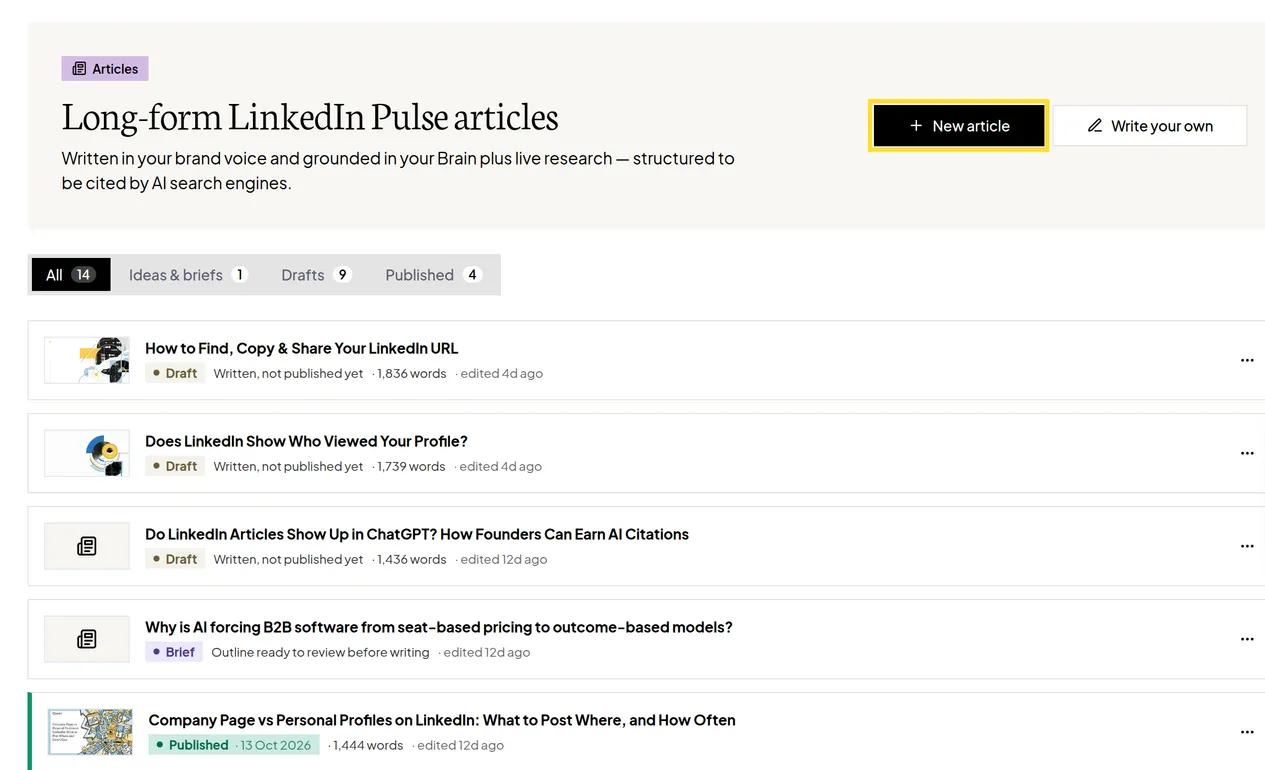 The Flypost Articles page with the New article and Write your own buttons and tabs for All, Ideas & briefs, Drafts and Published