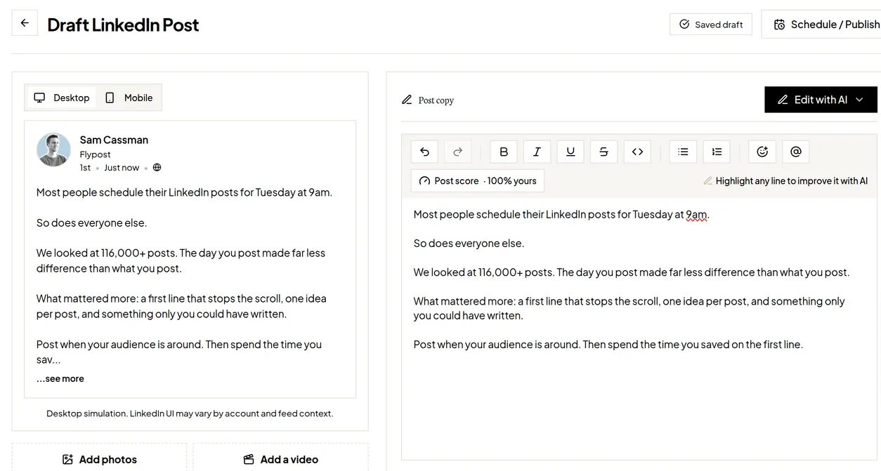 The Flypost post editor with a LinkedIn-style preview on the left and the Post copy editor on the right, with the Edit with AI button, the formatting toolbar and the Post score button