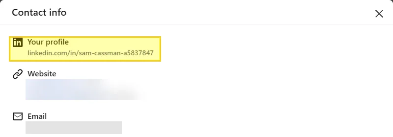 LinkedIn Contact info panel with the Your profile entry and its linkedin.com/in/ link highlighted