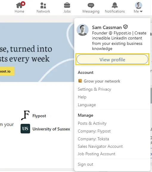 LinkedIn's Me menu opened from the top navigation bar, with the View profile button highlighted