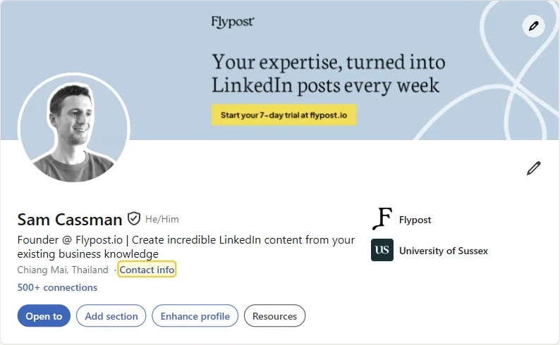 LinkedIn profile intro card with the Contact info link highlighted, next to the location under the headline