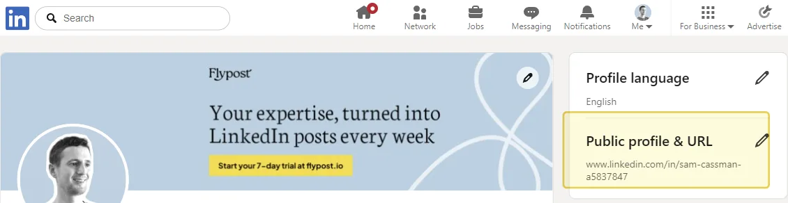 Top of a LinkedIn profile on desktop with the Public profile & URL panel highlighted on the right, showing www.linkedin.com/in/sam-cassman-a5837847