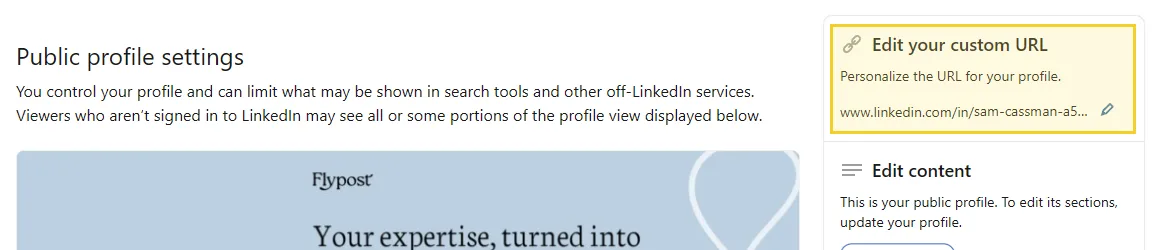 LinkedIn Public profile settings page with the Edit your custom URL panel highlighted in the right-hand column