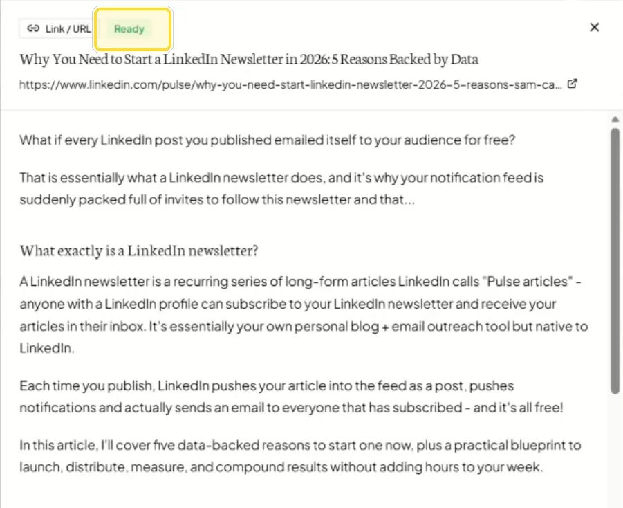 A source in a Flypost notebook: a LinkedIn article, read in full, with a Ready label highlighted at the top