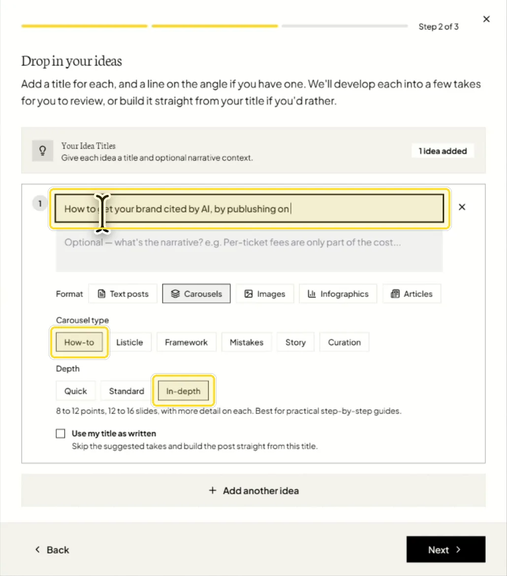 The Flypost post builder with the title field, the How-to carousel type and the In-depth option highlighted