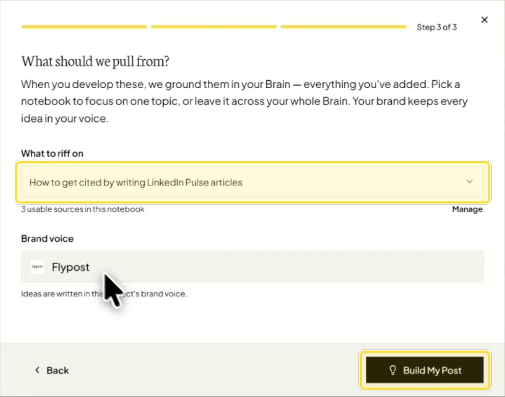 Step 3 of 3 in Flypost: the notebook selector and the Build My Post button, both highlighted