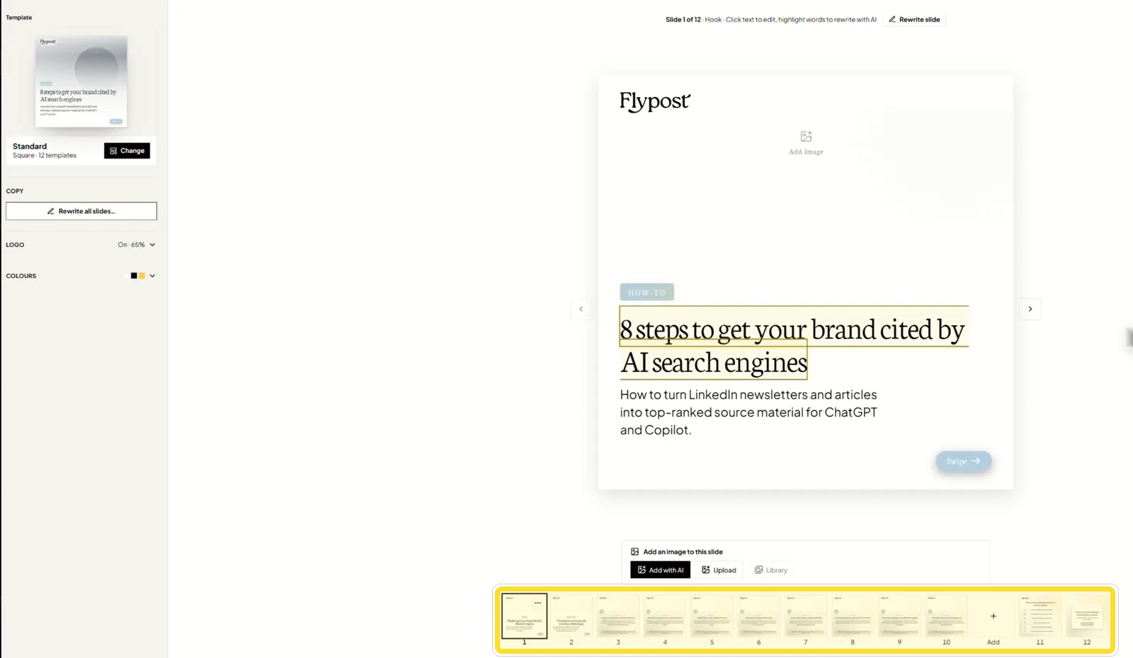 The Flypost carousel editor showing the cover slide, with the strip of all 12 slides highlighted along the bottom
