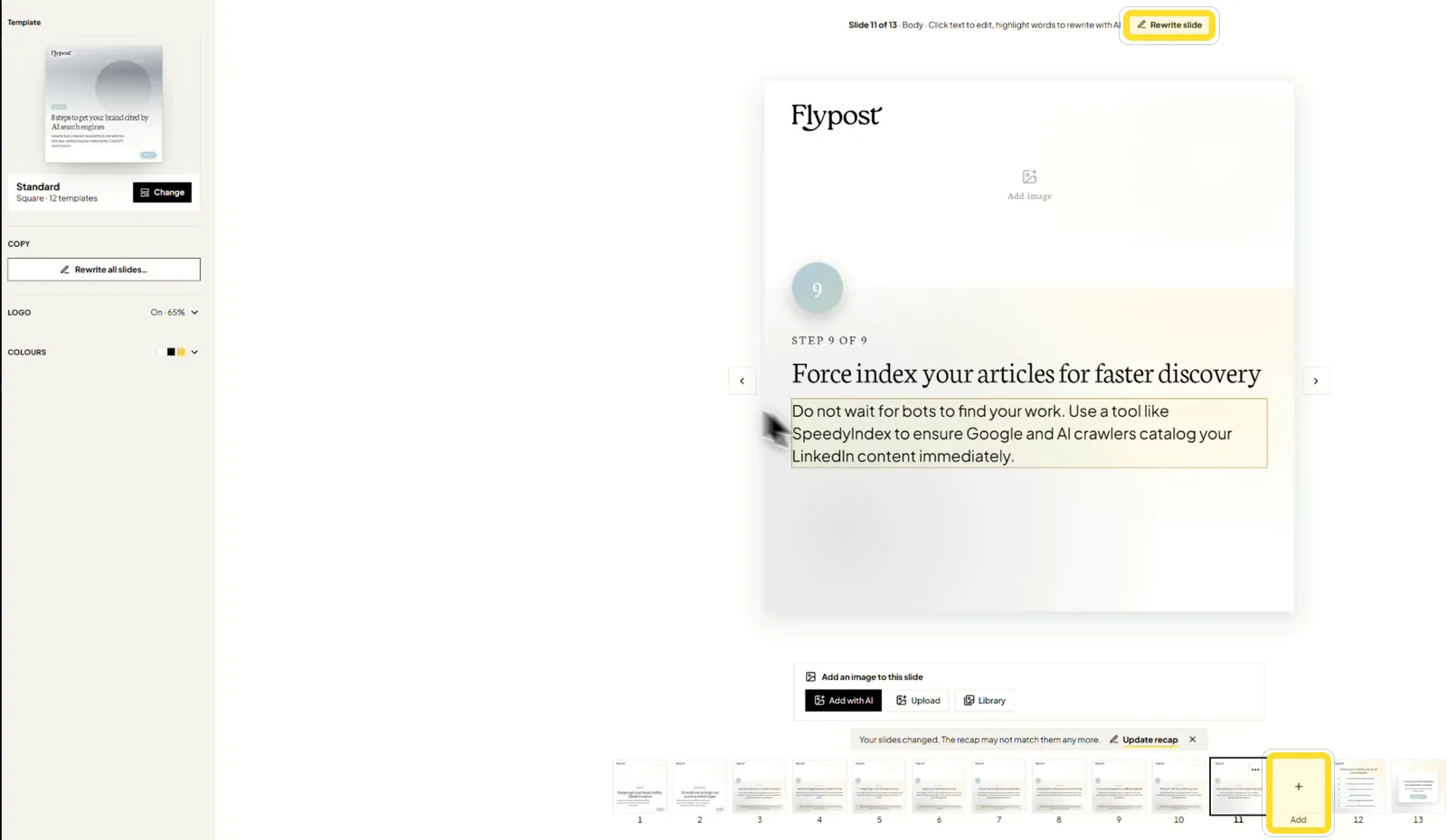 A new slide added in the Flypost carousel editor, with the Rewrite slide button and the Add button highlighted