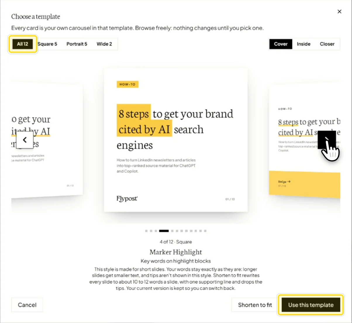 The Flypost template picker showing the carousel in the Marker Highlight style, with the All 12 filter and Use this template button highlighted