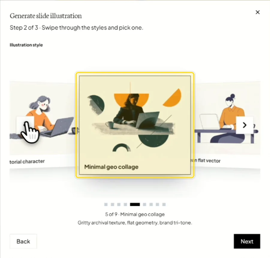 The Generate slide illustration window in Flypost, with the Minimal geo collage style highlighted