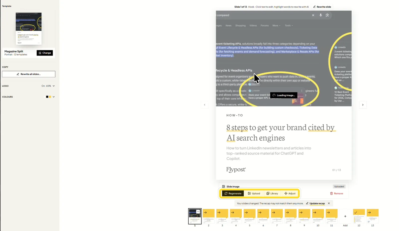 A carousel cover slide with an uploaded screenshot, and the Regenerate, Upload, Library and Adjust buttons highlighted