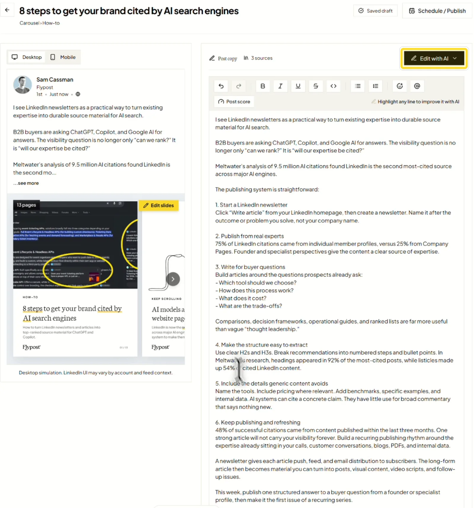The Flypost post editor with a LinkedIn preview on the left and the written post on the right, with Edit with AI highlighted
